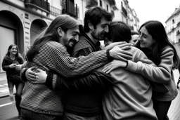 Grupo de personas abrazadas de espaldas en una calle de una ciudad española. fotografía realizada con cámara Leica y objetivo 50 mm