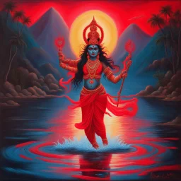 An oil painting of goddess Kali crossing a lake, neon red colors