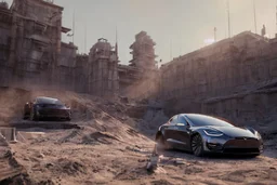 A Tesla 'Model S' is parked, within the trench of the Death Star. (CINEMATIC, WIDE ANGLE LENS, PHOTO REAL)