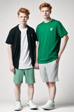 style as on photo uploades, two teenage brothers, ginger hairs, one is slim, second chubby and lower, typical teenagers, white faces, green eyes, sport shoes, characteristic standing pose for book cover, white background