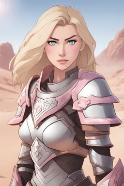 Woman with shoulder length blonde hair, pink eyes, wearing light barbarian armor, smirking, desert background, RWBY animation style