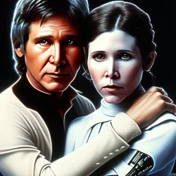 old carrie fisher embracing harrison ford in star wars, waist up portrait, photorealistic faces, intricate, oil on canvas, masterpiece, expert, insanely detailed, 4k resolution, cinematic smooth, intricate detail , soft smooth lighting, soft pastel colors,