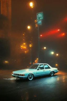 A 1990s car standing in front of a red traffic light, empty street, Cairo, 1990s, night time, rain, winter, movie scene Nick Harris style