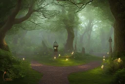 wooded forest cobblestone path lantern