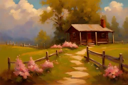 Clouds, cabin, spring trees, little pathway, fence, flowers, john singer sangent impressionisn painting