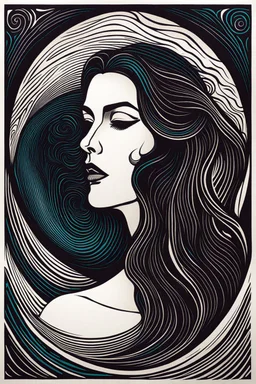 create an imaginative, highly abstract woodcut of an ethereal, otherworldly seductive ancient female Lasombra vampire , in the style of Gabriela Jolowicz and M.C. Escher