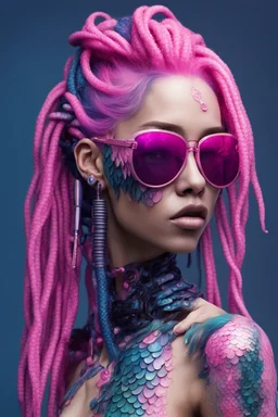 entire body mermaid cyberpunk some fish scales on face pink and indigo hair dreadlock sunglasses