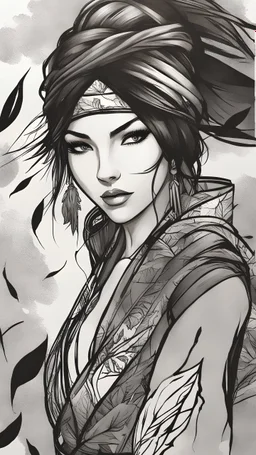 bits of color, furistic Sketch book, hand drawn, dark, gritty, realistic sketch, Rough sketch, mix of bold dark lines and loose lines, bold lines, on paper, akali, ninja girl, leaves, animals, runes, dark theme,