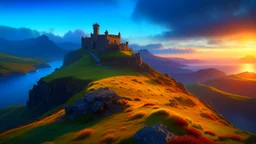 low-level shot of a ruined fantasy castle overlooking a valley, on a cliff top, after sun down, clouds glowing