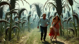 A man and a woman and a child being chased by a crowd of triffids