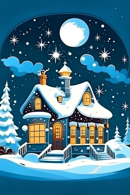 Casa navideña con una corona de muérdago en la puerta , paisaje con nieve, a la noche estrellada y un trineo en el techo y un muñeco de nieve en la parte delantera de la casa,estilo cuentos