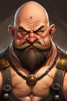 Fantasy dwarf WWE wrestler that is bald has no beard and a curled mustache