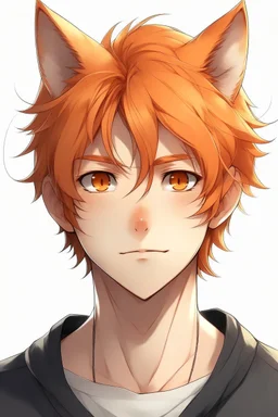 A young adult male human, cat ears, orange messy hair anime realistic