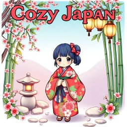 Create a book cover for Cozy Japan Coloring Book featuring a charming Japanese girl in a vibrant, floral yukata as the central figure. She is surrounded by cozy, peaceful elements of traditional Japanese scenery—such as falling cherry blossoms, a small stone lantern, bamboo groves, and paper lanterns softly glowing above her. The setting is tranquil and colorful, evoking a warm, inviting atmosphere of everyday Japanese charm. Illustration in vivid color style with delicate textures, soft lightin