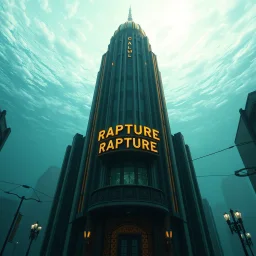 Bioshock video game art deco aesthetic, Bioshock's underwater-domed Rapture City art deco style architecture, vintage 1920's art deco style, Tall sleek "CITY HALL" edifice, dark_cyan and gold and black hues, text "RAPTURE" city hall adornments, unreal engine 5, dramatic, stunning, cinematic, volumetric lighting, ground-level perspective looking up