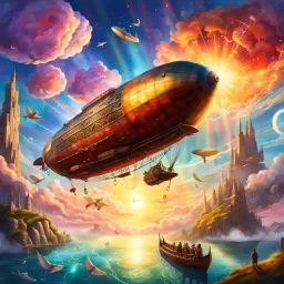 A zeppelin flying in a fantasy sky next to fantasy creatures. Light, Sunset, Happy, Fantasy. Magical. Epic. Dramatic, highly detailed, digital painting, masterpiece