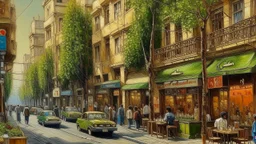 a modern street with cafe shops like Tehran. oil painting