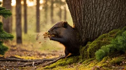 A determined beaver gnawing through the thick base of a towering pine tree, (hyper-realistic fur texture:1.3), wood chips flying, intense focus in its eyes, (golden hour sunlight filtering through dense forest:1.2), dramatic low-angle shot, the tree beginning to tilt precariously, (chain reaction of falling trees in background:1.4), splintering wood, airborne debris, dynamic motion blur, rich earthy tones, moss-covered forest floor, highly detailed bark textures, cinematic lighting, volumetric f