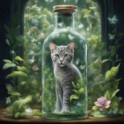 a lttle cat symmetrically centered, secures itself within a transparent glass bottle,contrasting with the wealth of verdant flora encasing it. teems within the confines, leaves, stems, and petals vie for space, an intricate greenery around the elefant. The glass bottle itself, clear captures the spectacle with a kind of crystalline magnification effect art by greg rutkowski, sarah kay and mark keathly