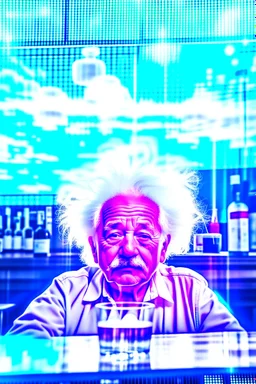 photo of a Albert Einstein dressed Transparent bosozoku outfit sitting at a table in a bar with a bar stools, bottle beer, award winning photography, Elke vogelsang, bosozoku outfit, award winner photo