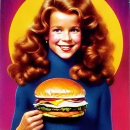 Young Robyn Lively with a beautiful and highly detailed face holding a lisa frank mcdonalds hamburger, modern American; by Daniel Gerhartz, phil noto, sienkiewicz, mucha, jim lee, manara; hyper-detailed, hyper-realistic, sharp focus; symmetrical face; textured shading, subtractive lighting, Unreal Engine, sharp focus