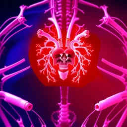  human heart realistic cyberpunk rib bones neon shining, dark red tones,