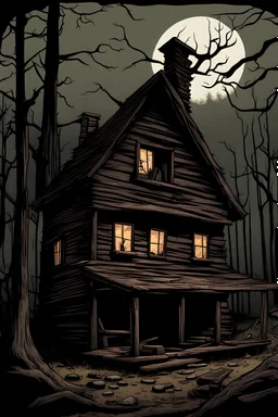 A imagine of an eerie cartoon-style abandoned cabin in the woods, haunted, scary, horror, evil dead