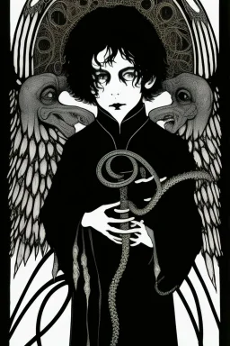 7 year old boy, necromancer, friendly, looks dead,with a lamprey serpent , wearing black robes, in the style of Harry Clarke