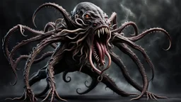 looking to camera a aggressive fantasy monster with many tentacles, dynamic pose, scary creature without face and without eyes, with big mouth, full length, full body without legs, very detailed, intricate insanely, Hyperrealism, photorealistic, natural volumetric light, dark fantasy style, photo style