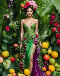 📷🍓💃 length image full body sweet pose pretty woman wearing a beautiful high details natural beuty color unique gown costume made of elements varieties tropical fruits.full background green leaves and variaties roses,orchids flowers background