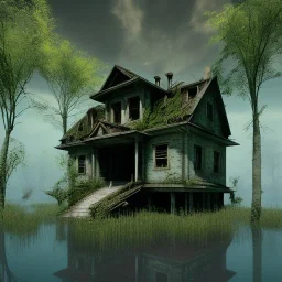 Abandoned house, overgrown, partially submerged,Interior