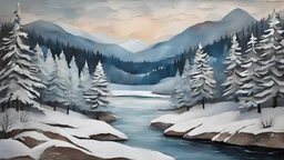 Papier Mache, paper layers, muted color, a magical winter landscape with a lakeshore