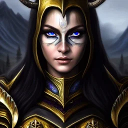 ultra detailed fullbody Portrait in oil on canvas of beautiful female DemonHunter with Skyrim Dragonplate armor,extremely detailed digital painting, extremely detailed face,crystal clear Big eyes, mystical colors ,perfectly centered image, perfect composition,rim light, beautiful lighting,8k, stunning scene,extremely sharp detail,finely tuned detail, ultra high definition raytracing, in the style of Simon Bisley and Frank Frazetta and robert e howard and Hyun Suk Lee and Ken Kelley