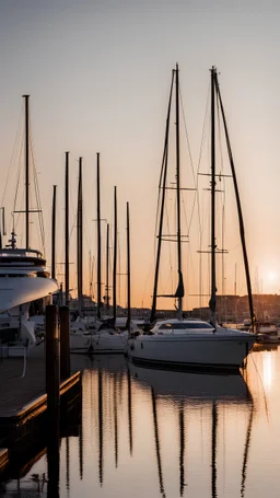 Show a yacht at a Nordic harbour at dawn.