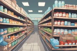 can you please generate an image of supermarket in a refugee camp that sells imported goods like clothes, bottled water, cleaning products ect