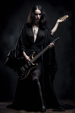 pretty goth girl(dressed in black flowing robes) facing viewer, playing electric rock guitar, leaning back, dark background, photo realism