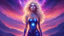 Full body portrait of a peaceful ((smiling)) gorgeous blonde Goddess of the galaxies with a blue indigo purple skin, high skul, luminous eyes, she is in a galactic sunset with a mothership in the sky behind.