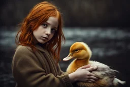 Beautiful golden red hair girl holding duck portrait in ochre, moody, somber, desaturated colors