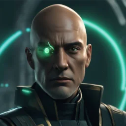 star wars bald male corellian jedi pilot wearing gunmetal grey and black old republic armored robes with gold trim inside the jedi temple holding a lightsaber with viridian green blade in left hand, centered head and shoulders portrait, hyperdetailed, dynamic lighting, hyperdetailed background, 8k resolution, volumetric lighting, light skin, fully symmetric details