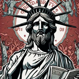 line toned, hedcut, wsj style, statue of Jesus of Liberty with a beard and wearing a cross and hanging from a cross, The statue male, hyperdetailed intricately detailed photoillustration ink drawing dystopian 8k resolution entire body of the statue is in the picture. digital illustration telephoto lens photography , same colors as the us treasury's one dollar bill, crucified"