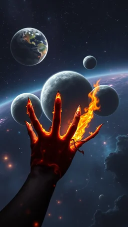 Four planets in the middle of the galaxy , a bug hands of fire with long fingers and a strange lights are surrounded the space. In the background