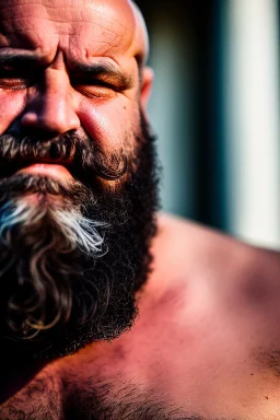 close up photography, dirty burly chubby Italian strong 48 years old homeless man, spitting milk from mouth, dripping on the beard, with dirty tank top, emotional eyes, manly chest, photo, Canon EOS, lens 35mm, natural lights, 8K, in the morning