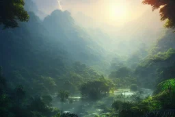 a highly detailed matte painting of a beautiful tropical jungle with a hidden city by mokoto shinkai, by greg rutkowski, by artgerm, by beeple, golden hour, cinematic lighting, octane render, 4k resolution, trending on artstation