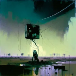 Dystopian future with a twisted falling from sky with retro monitor head and handing wires. In desolate landscape low horizonline at night. With a concrete decaying blocks. Abstract oil painting in style of Justin Mortimer and Phil Hale