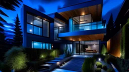 Photo of a modern single-family home at night with wooden and glass exterior finishes, accented with a striking blue feature wall... The architecture features sleek lines and expansive windows that reflect the soft glow of the interior lighting... The wooden textures add warmth and contrast beautifully with the glass surfaces, creating a balanced aesthetic... Subtle landscape lighting highlights the garden and walkway, enhancing the nighttime atmosphere... Neighbors are seen chatting near the dr