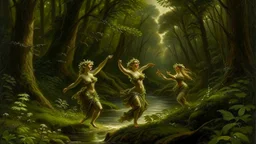 Nymphs Dancing in a stream, in a woodland clearing