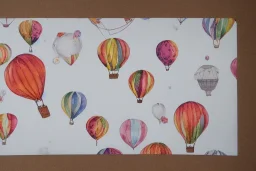 giftwrap pattern of watercolor of a hot air balloon, children's book illustration, white parchment paper, giftwrap pattern