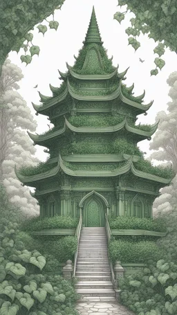 very detailed all Green Buddhist temple surrounded by leaves and ivy, medieval, gothic style, fine line draw style