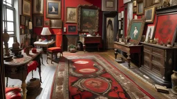 The Artist's Home: Every object in this room tells a story, from the paintings on the walls to the pattern on the red carpet. It is an artist's haven, where creativity comes to life.