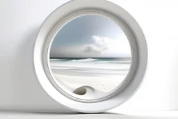 white,background,looking,through,a 3-d, hole,or,window,,a,seeing,paraddise,beach ,skulpture,like